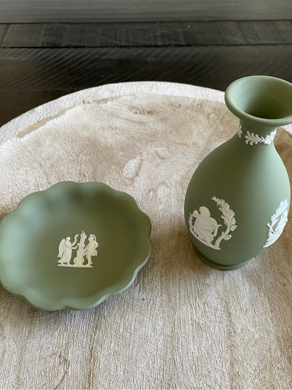 Wedgwood Matte Sage Green Jasperware Vase and Scalloped Dish